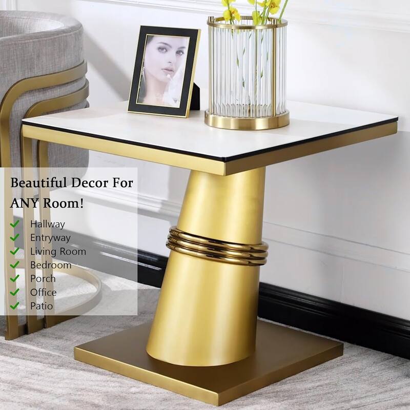 Glam 24 inch Square Glass End Table with Brushed Gold Stainless Steel Base