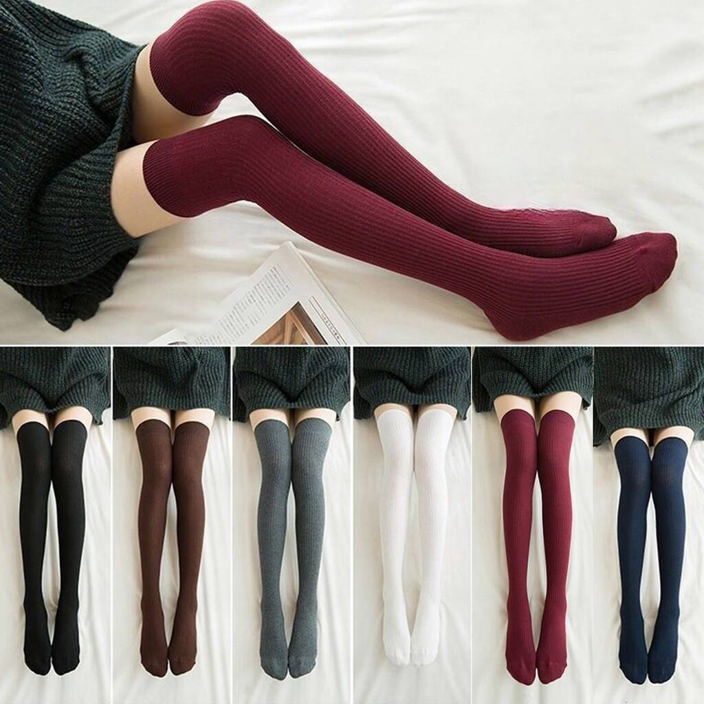 1 Pair Women Socks Vertical Stripe Solid Color Thigh High Long Tube Spring Autumn Good Stretch Beauty Leg Stockings