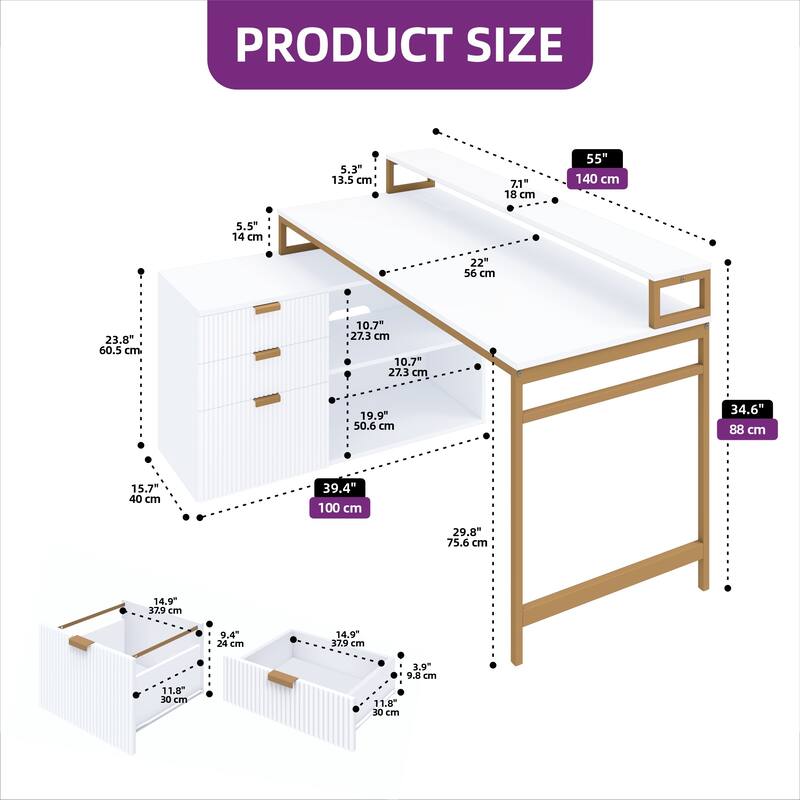Moasis 55" Corner Computer Desk L-shaped Desk with Led Lights Gold Frame