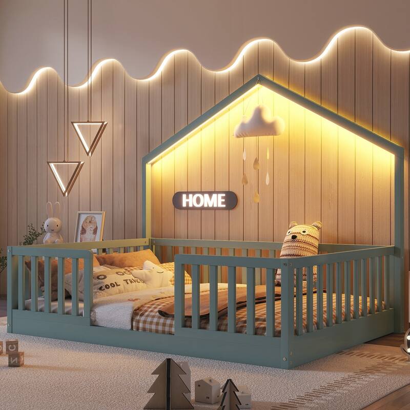 Full Floor Bed with High Rails - Grey