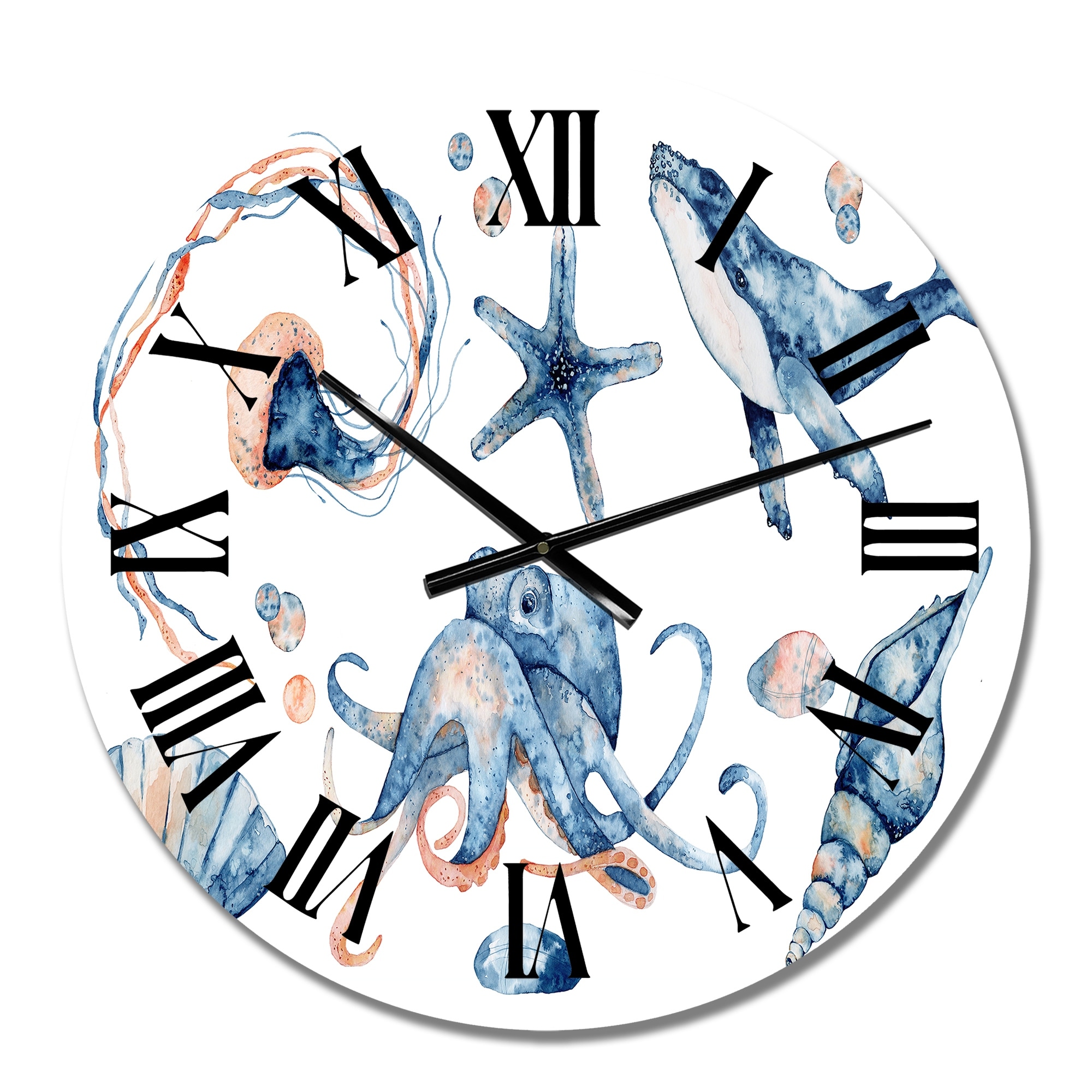 Designart 'Blue Ocean Fish Medusa Whale Seahorse Octopus' Nautical & Coastal wall clock