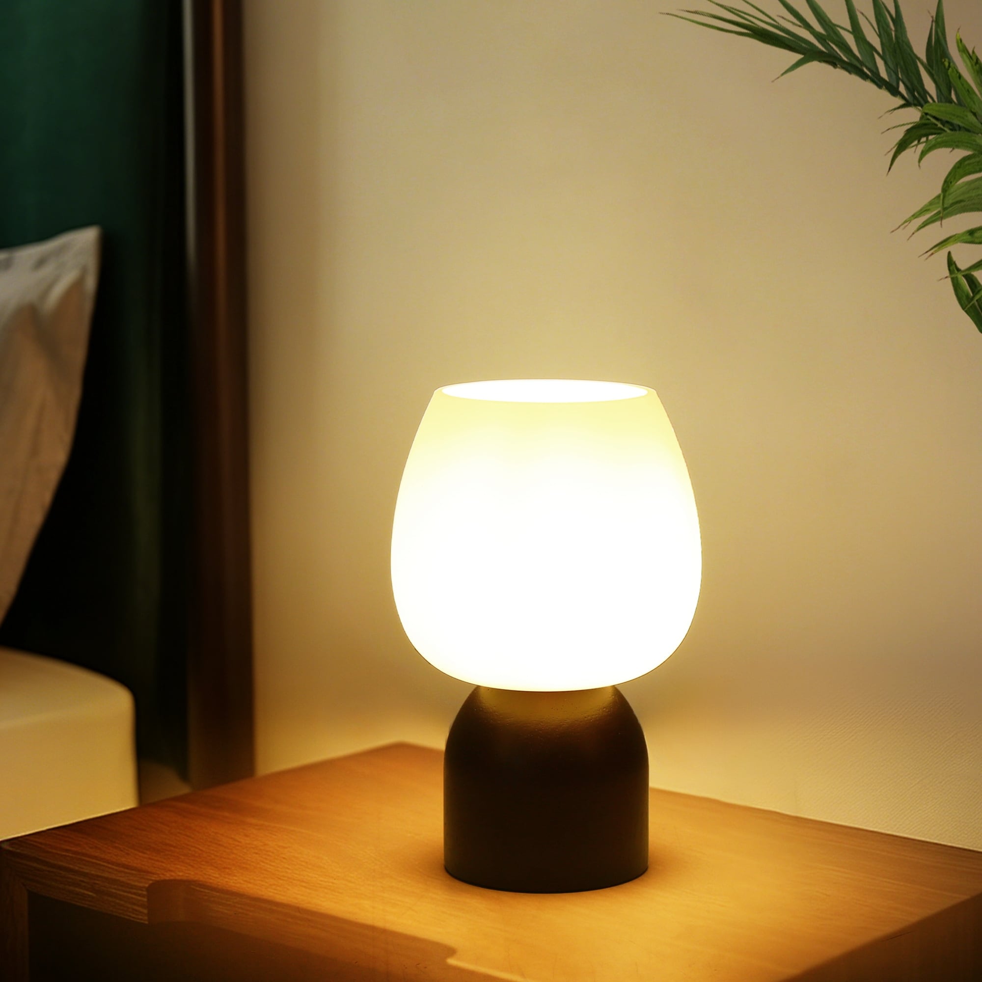 Modern Table Lamp with Opal Glass Shade and Dark Wood-Tone Base - 5.5