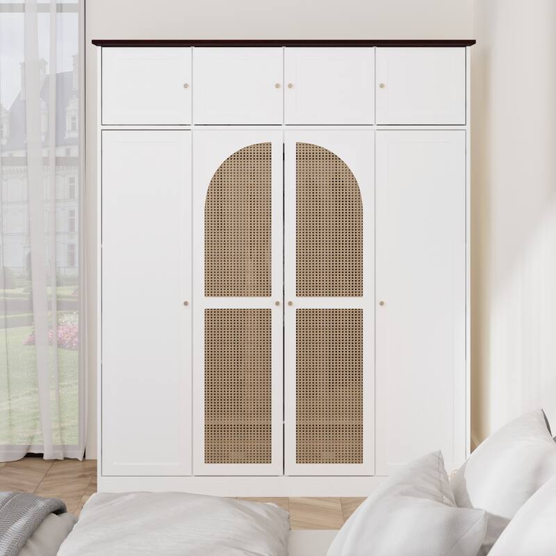 70.87" 8-Door Large Capacity Armoire Wardrobe Closet with Hanging Rod, Adjustable Shelves and Rattan Decorative Doors