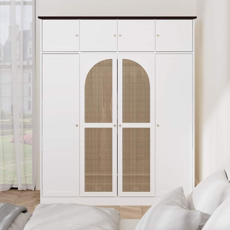Rattan Decorative Doors Wardrobe Closet with Hanging Rod & Shelves, Large Capacity Armoire Clothing Storage Cabinet