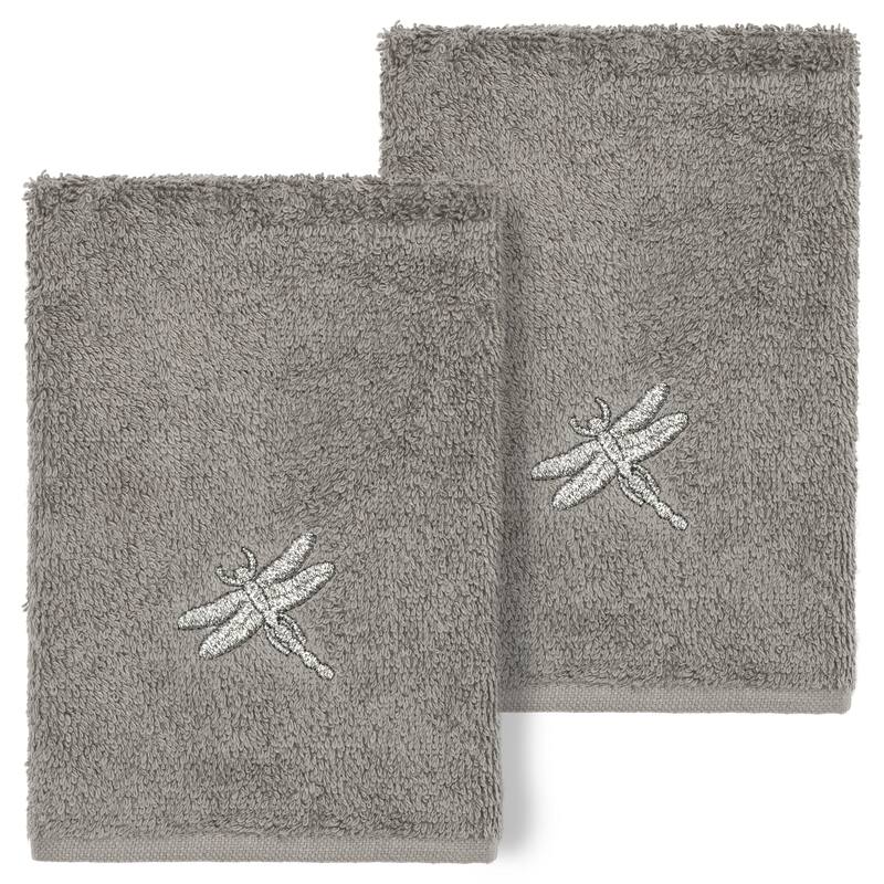 Authentic Hotel and Spa 100% Turkish Cotton Braelyn 2PC Embellished Washcloth Set - Dark Gray