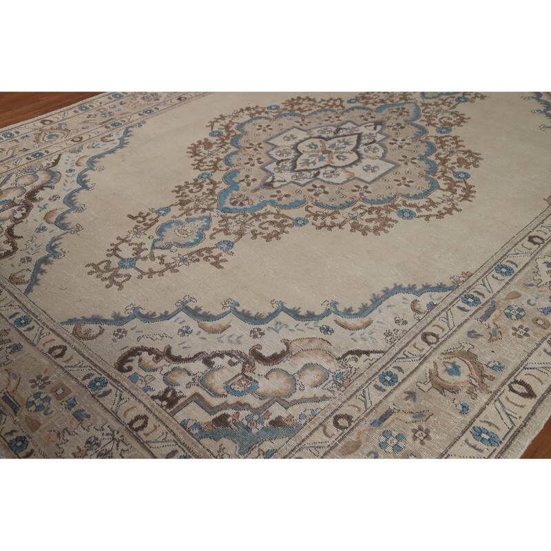 Hand Knotted Oriental 100% Wool Carpet Traditional Medallion Beige & Ivories Tabriz Area Rug - 11' 7'' X 8' 4''