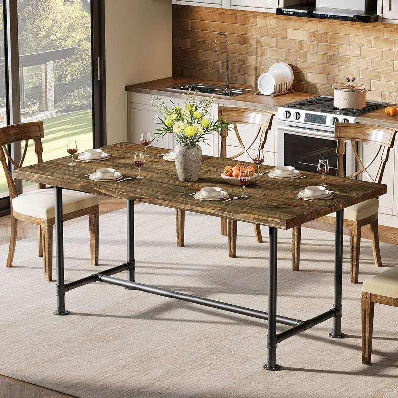 63" Solid Wood Rectangular Dining Table, Industrial Kitchen Table with Metal Footrest and Heavy-Duty Metal Frame for 4-6 Persons