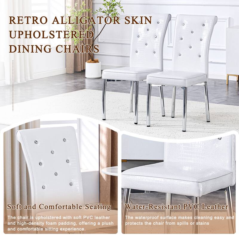 Set of 2 Retro alligator skin Upholstered dining chairs,with Crystal buckle design and Faux Leather design, metal legs