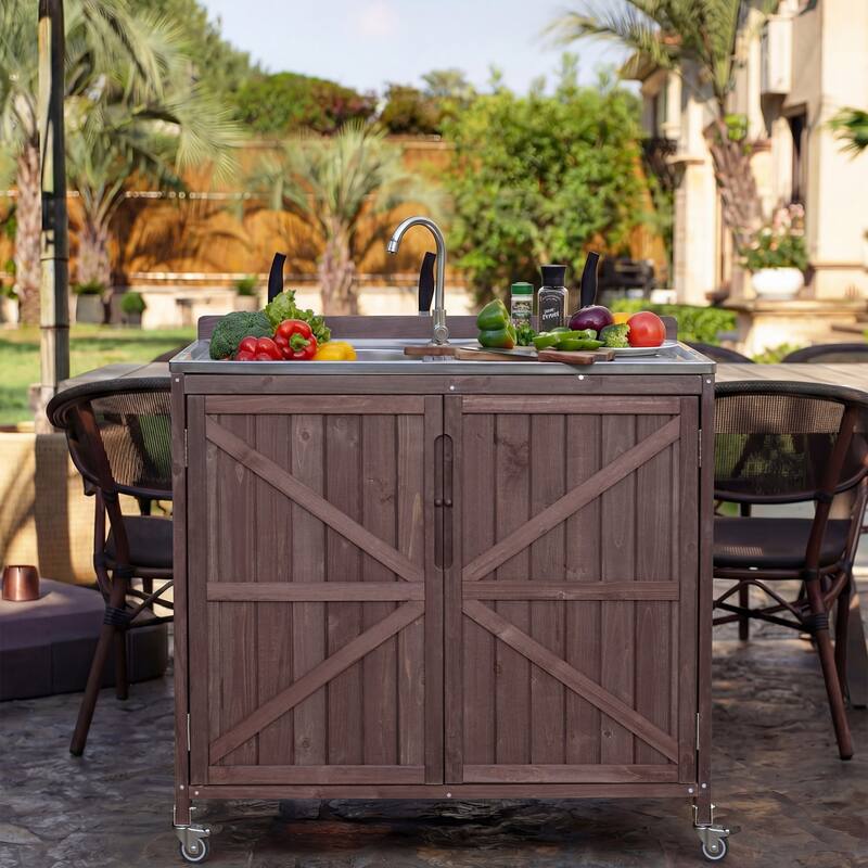 39.4" Outdoor Kitchen Island with Sink, Outdoor Kitchen Sink Station w/ 304 Stainless Steel Sink, Hose Hook Up & Faucet