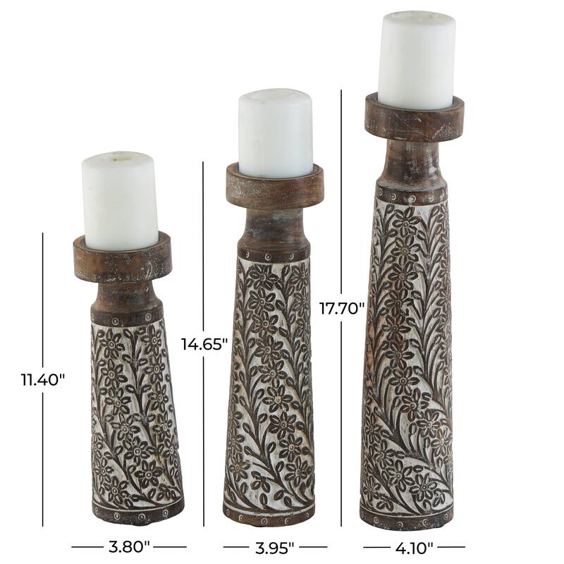 Mango Wood Floral Handmade Carved Pillar Candle Holder with Cream Accents - Set of 3 Brown - Roche River Decor