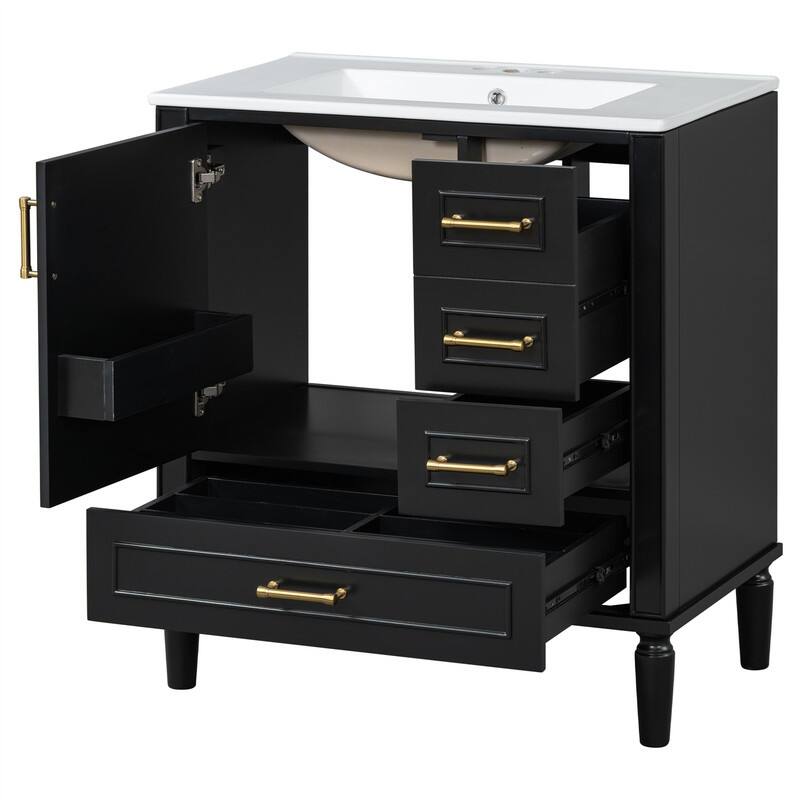 Traditional 30" Bathroom Vanity with Ceramic Sink, Freestanding Bathroom Vanity Cabinet with 3 Drawers and 1 Soft Close Door