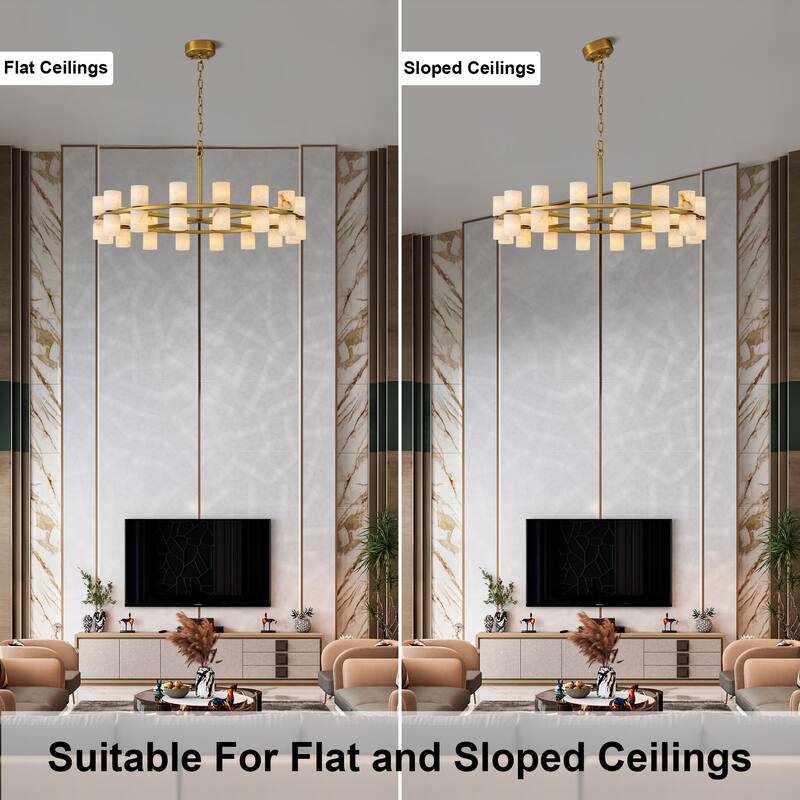 Modern Alabaster Glass Chandelier, Round or Linear Pendant Light with Up & Down Shades, D600-L1370, Copper or Black Finish