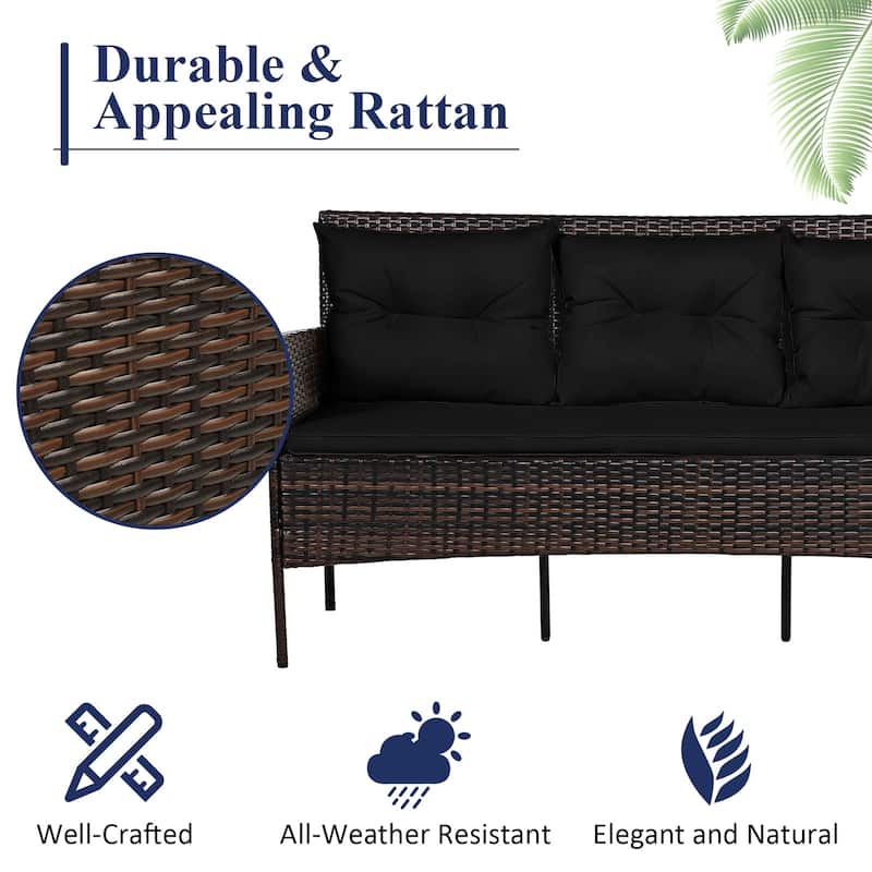 Gymax Set of 3 3-Seat Sofa Cushioned Table Rattan Furniture Set Garden