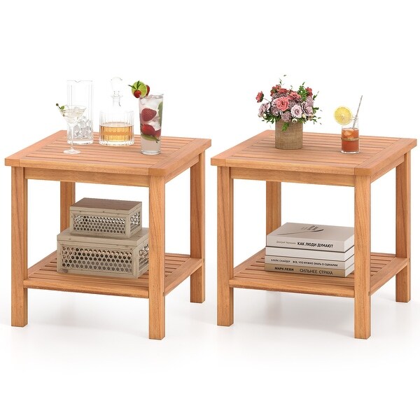 Gymax 2PCS 2-Tier Patio Acacia Wood Side Table w/ Slatted Tabletop