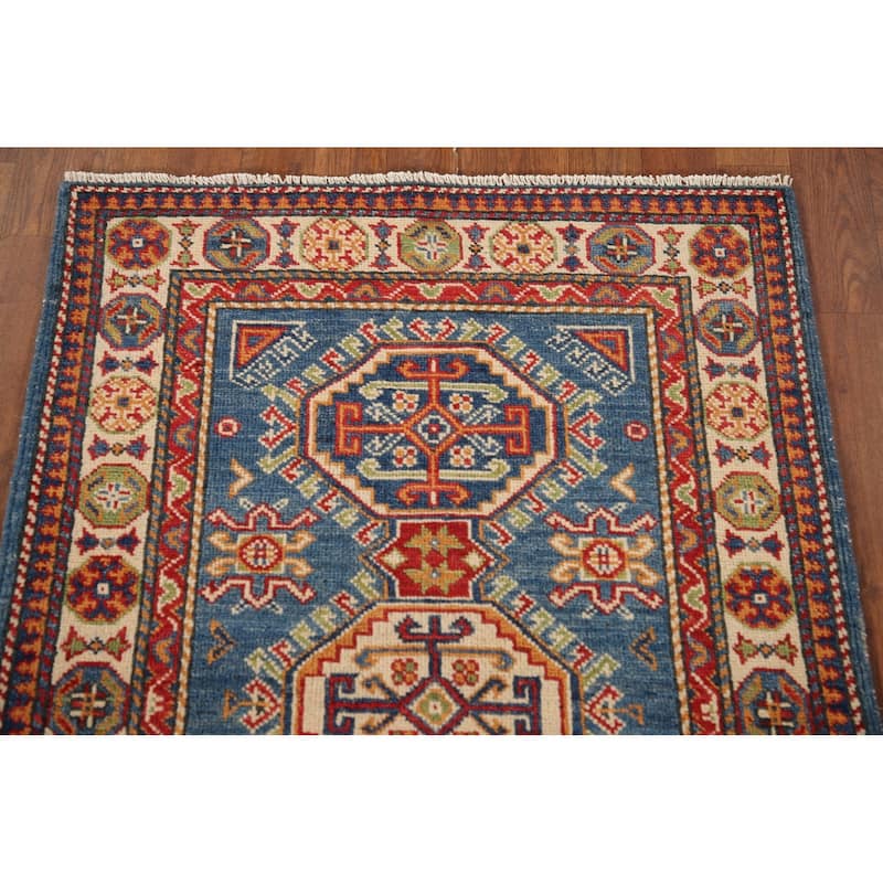 Blue Kazak Oriental Accent Rug Hand-Knotted Geometric Wool Carpet - 2'8"x 4'1"