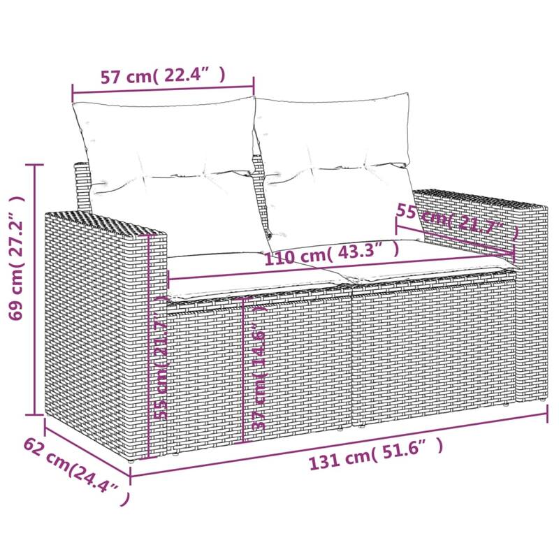 vidaXL Patio Sofa Set with Cushions Outdoor Furniture 9 Piece Poly Rattan - 21.7 x 39.4 x 28.7