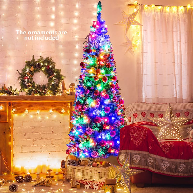 Gymax 6.5ft Pre-Lit Pencil Christmas Tree Hinged PVC Tree w/ 250