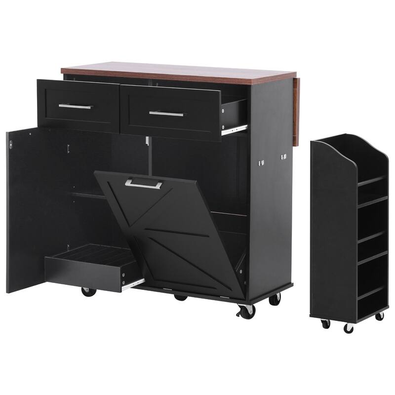 Roomfitters 47.2" Farmhouse Kitchen Island with Drop Leaf, Tilt Trash Can Cabinet, Removable Mobile Side Racks