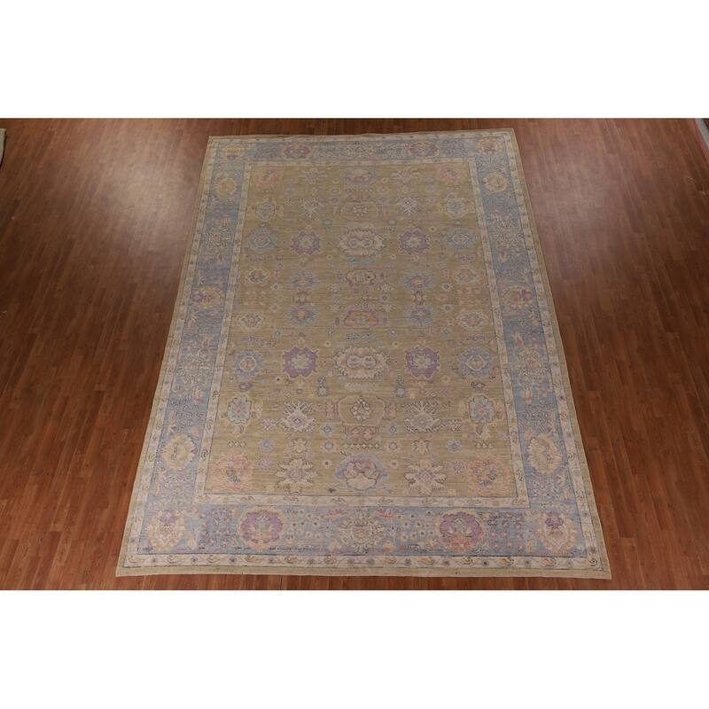 Vegetable Dye Floral Oushak Large Rug Hand-Knotted Wool Carpet - 9'10" x 13'6"