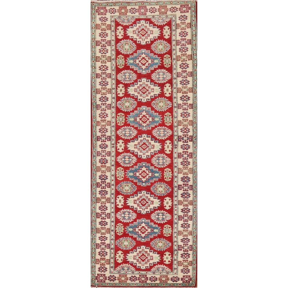 Geometric Kazak Runner Rug Handmade Oriental Wool Carpet - 2'9" x 9'8"
