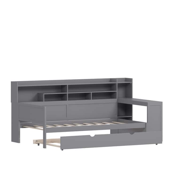 Wooden Daybed with Study Desk and Twin Size Trundle, Twin/Full Size Daybed Frame Sofa Bed with Storage Shelves
