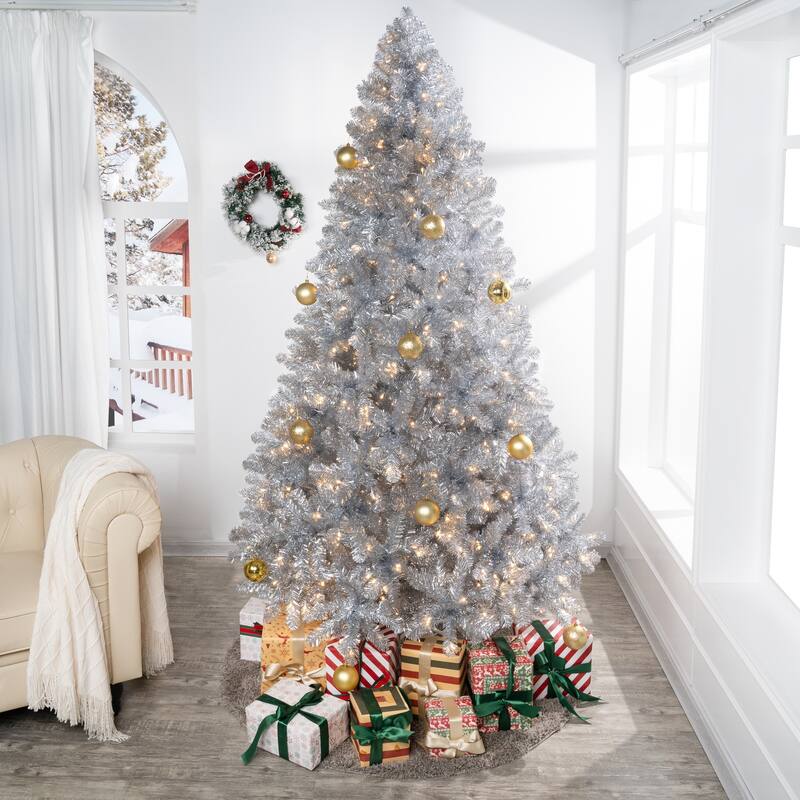Giselle Silver Prelit Christmas Tree, Realistic Artificial Christmas Tree with Lights - Silver,6.5ft