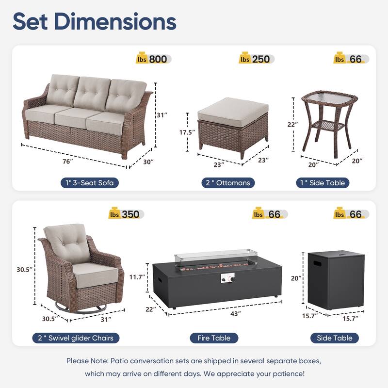 Pocassy Patio 7 Piece Sofa Swivel Chair Ottoman with Fire Table