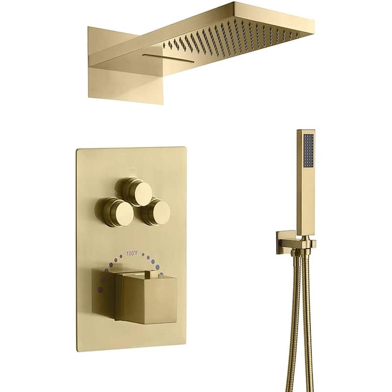 Brushed Gold 22 Inch Rainfall Water Shower Head 3 Way Thermostatic Shower Faucet Set - Brushed Gold