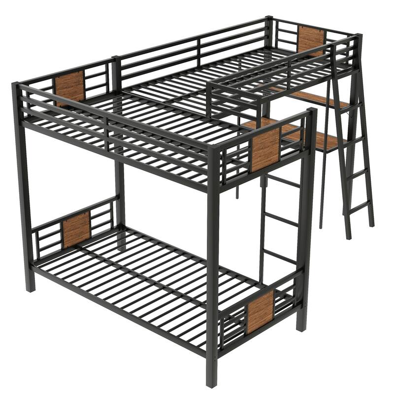 L-Shaped Twin over Twin Bunk Bed with Loft Bed, Desk, and Shelf, Brown