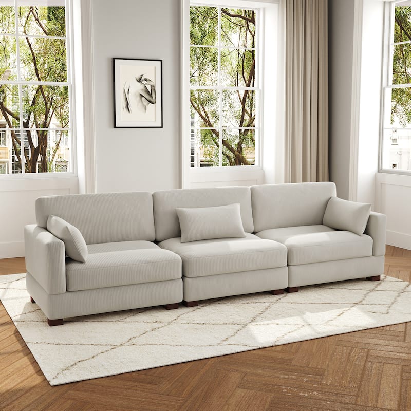 3-Piece Corduroy Couch Modular Sectional Sofa - Sea Salt Grey