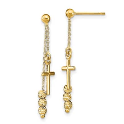 Curata 14k Yellow Gold Sparkle Cut Religious Cross Bead Drop Post Earrings 31.99x6.49mm