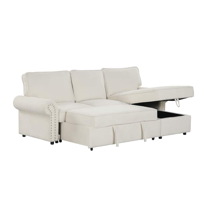 Convertible Sectional Sleeper Sofa with Storage Chaise, Pull-Down Backrest, Dual Cup Holders, Arc Armrests and Nailhead Trim