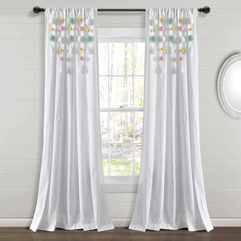Lush Decor Boho Pom Pom Tassel Linen Window Curtain Panel (Single) - 52"W x 84"L - Aqua/Pink