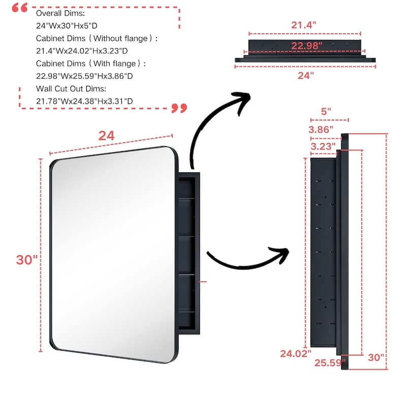 TEHOME WH Recessed Framed Medicine Cabinet with Mirror and Adjustable Shelves