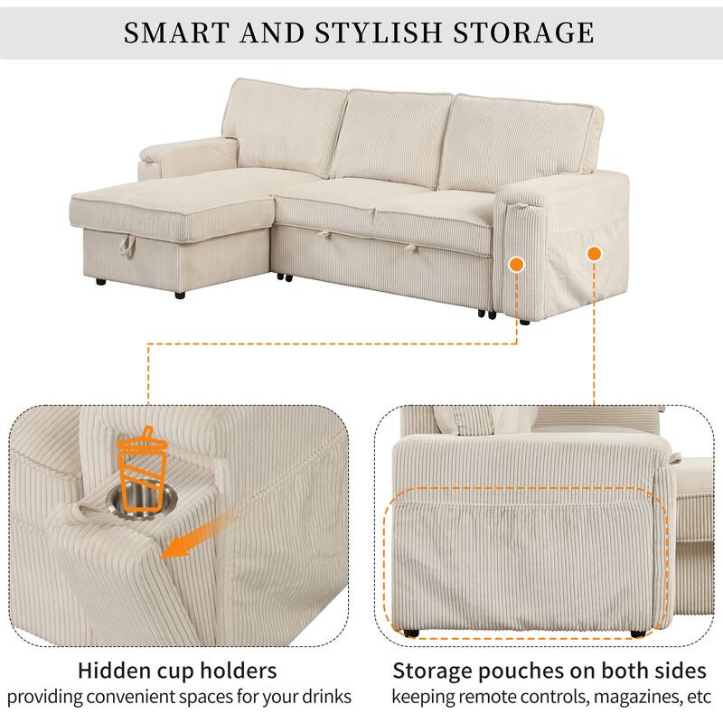 96.1" Polyester Sleeper Sectional Sofa with Storage Bags, Cup Holders and Fold-Out Twin Bed