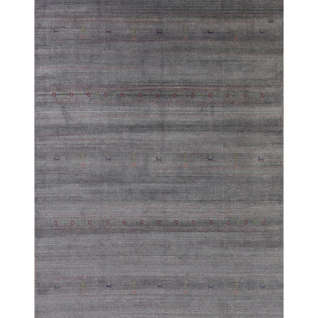Hand Knotted Oriental 100% Wool Carpet Tribal Animal Pictorial Greys & Charcoal Gabbeh Area Rug - 9' 6'' X 7' 11''