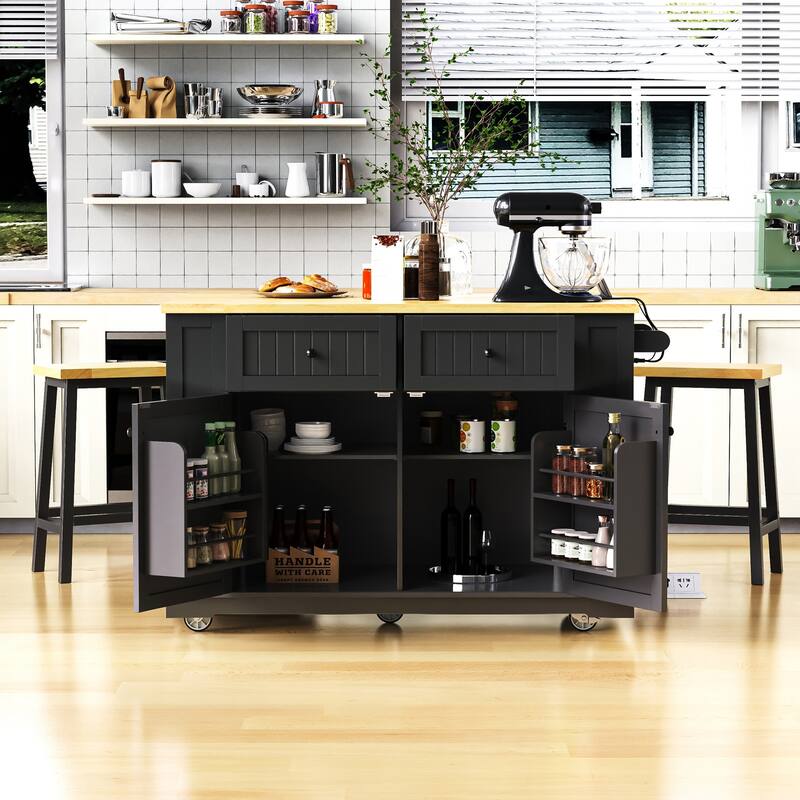 48" Large Kitchen Island with Drop Leaf,Power Outlet,For Kitchen,Dining Room(Not Include Stools)