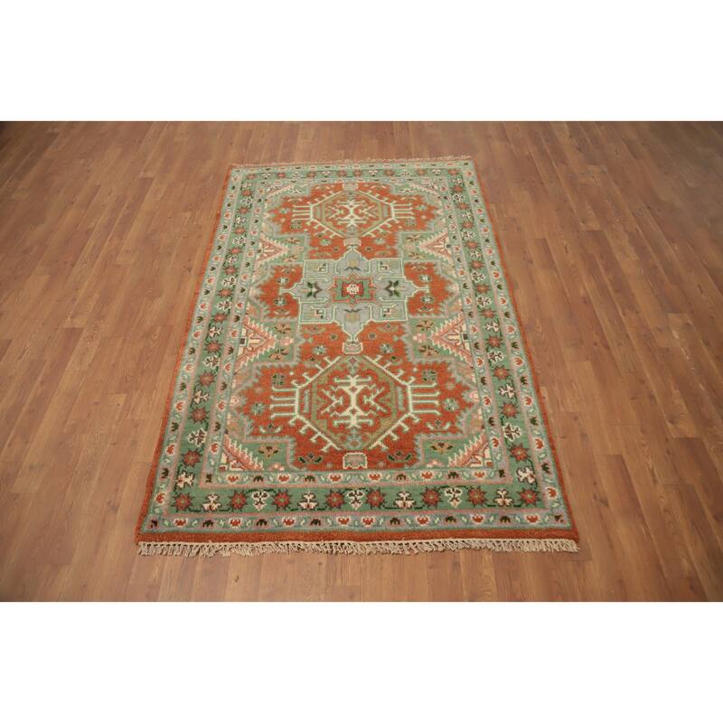 Hand Knotted Oriental 100% Wool Carpet Traditional Geometric Oranges & Rust Kazak Area Rug - 6' 1'' X 3' 10''