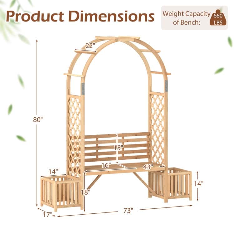Natural Fir Wood Garden Arbor Bench with Planters Trellis Arch - 73" x 22" x 80"