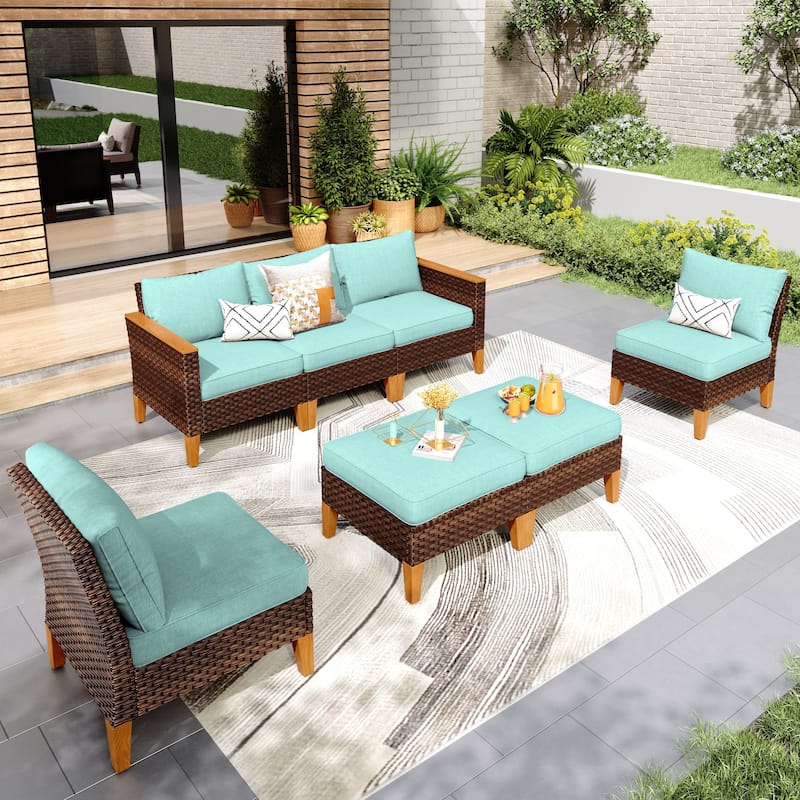9-Piece Outdoor Wicker Sectional Sofa Patio Furniture Luxury Conversation Set, Beige Cushion - 7- Seat - Type B