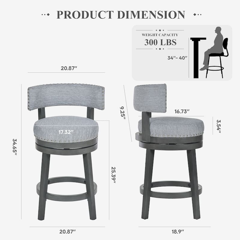 Modern Velvet Swivel Bar Stool - 25" or 30" Counter Height with Adjustable Footrest & Walnut Base, for Kitchen Islands