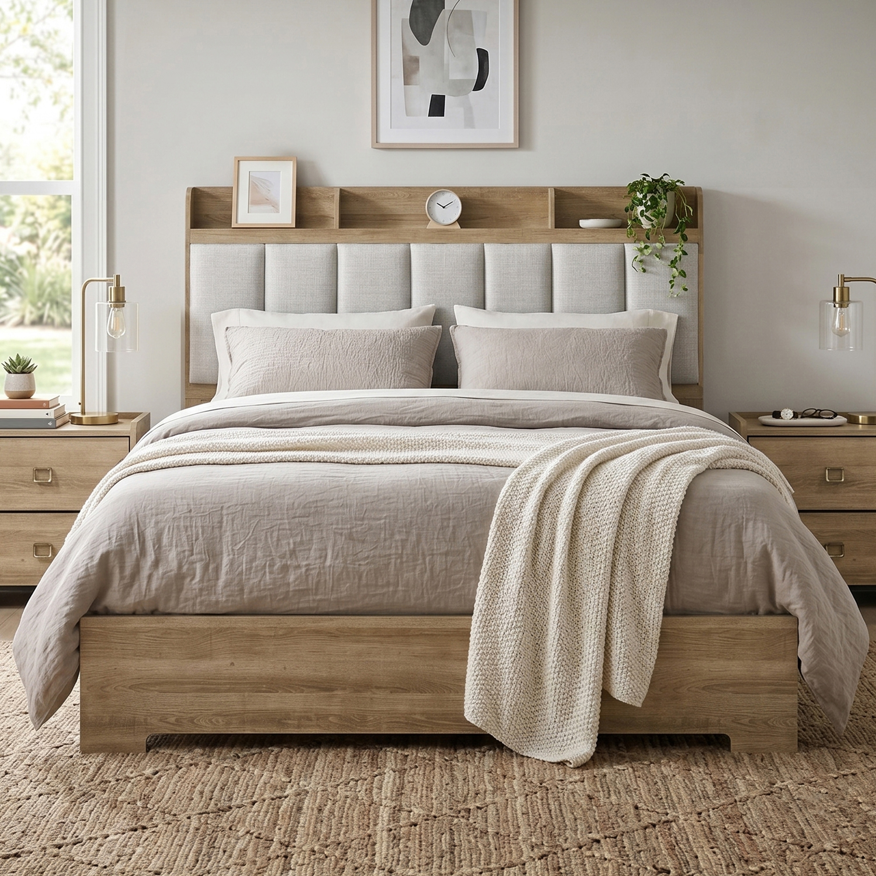Furniture of America Valio Modern Dusty Oak Wood Channeled Upholstered Headboard Panel Bed with Shelf and USB Ports