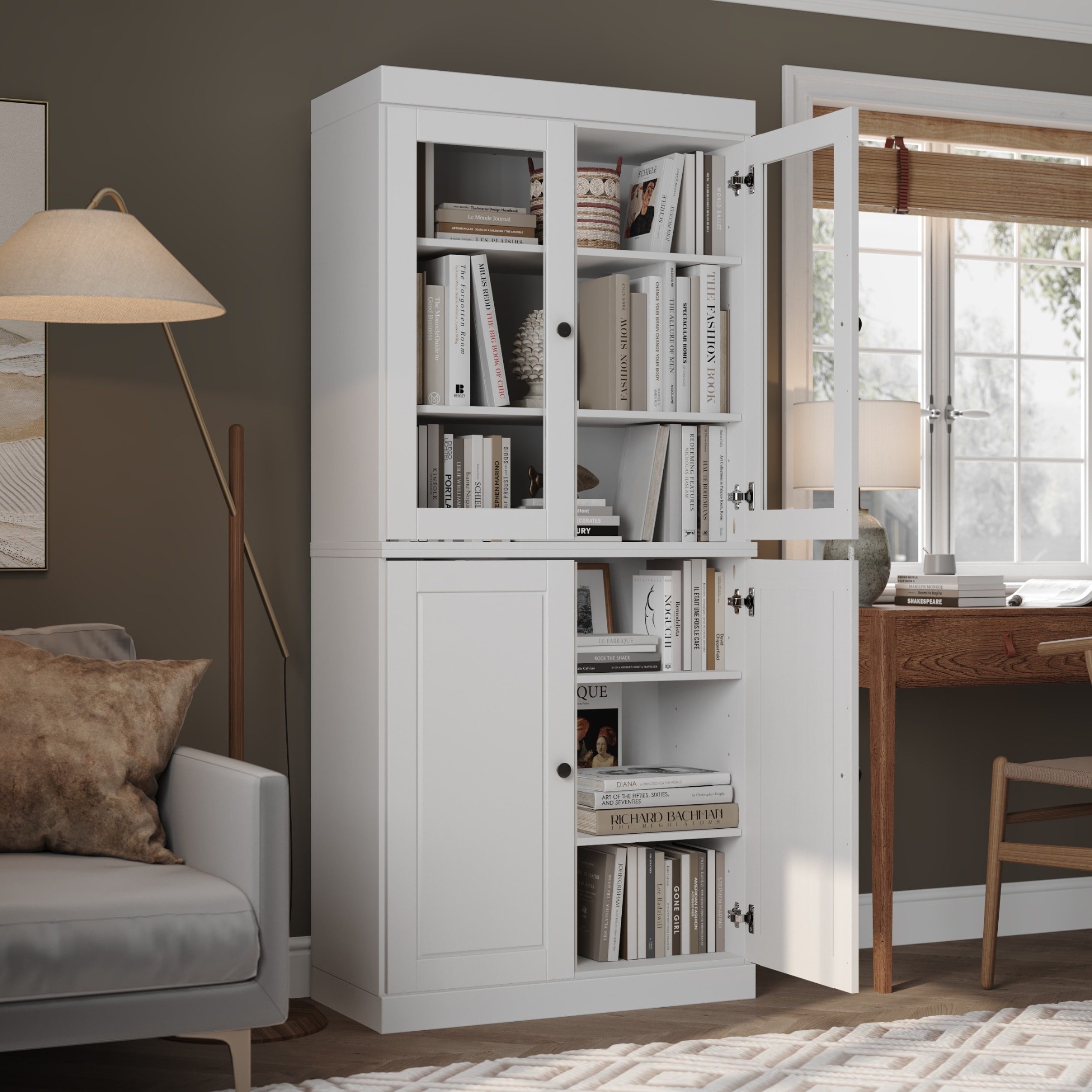 Palace Imports Solid Wood 6-Shelf Bookcase, Raised Panel Clear Glass Doors, Adjustable Shelves