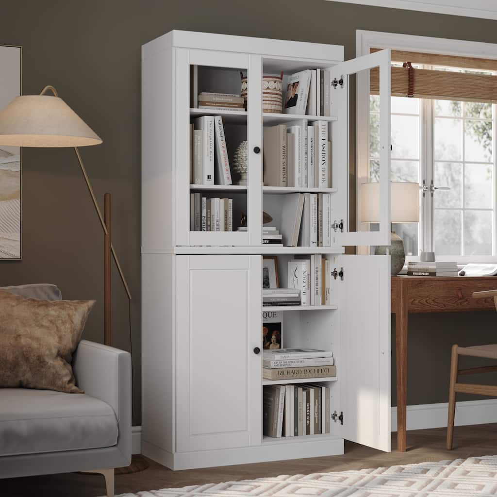 Palace Imports Solid Wood 6-Shelf Bookcase, Raised Panel Clear Glass Doors, Adjustable Shelves