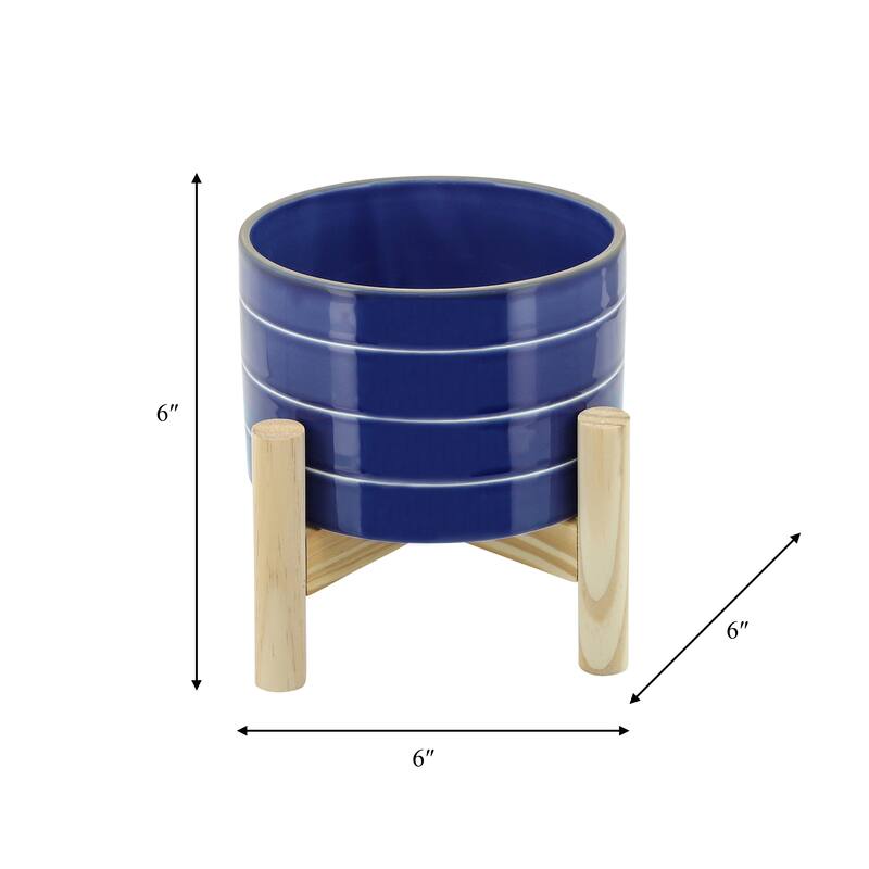 Sagebrook Home Modern Coastal Blue Striped Planter with Wood Stand Indoor/Outdoor