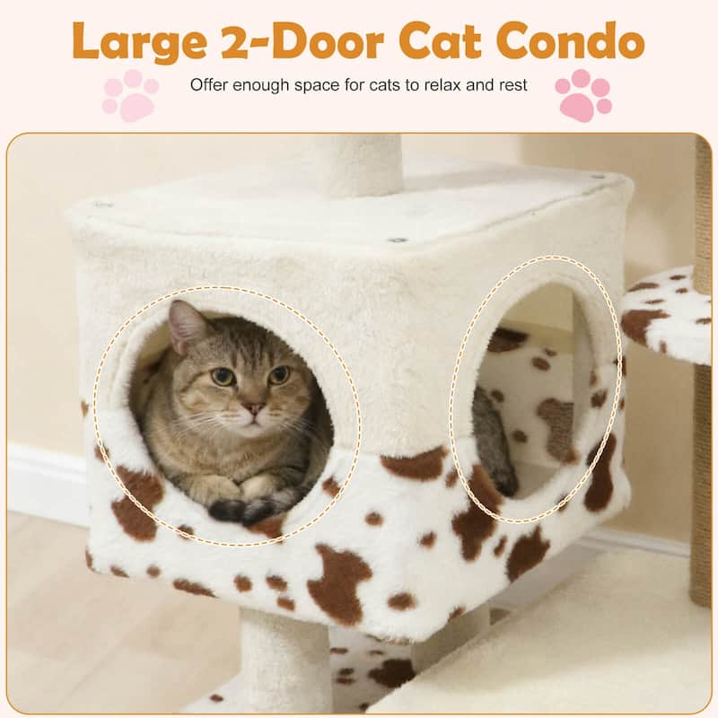 Costway Modern Cat Tree with Wide Upholstered Perch & 2-Entrance Cat - White, Brown - See Details