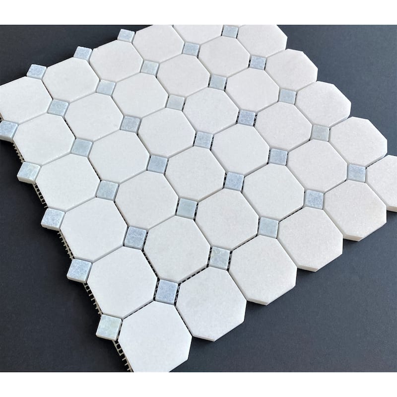2" Hexagon with 5/8 Blue Dot Marble Mosaic Tiles - Case (10 Sheets)