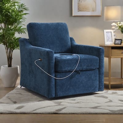 Chenille Swivel Accent Chair with USB/Type-C Charging, Book Pocket, and 360° Rotation