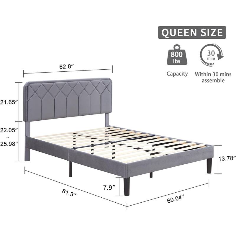 VECELO Adjustable Height Velvet Upholstered Bed Diamond Tufted Headboard with 7.8" Underbed Storage No Box Spring Needed