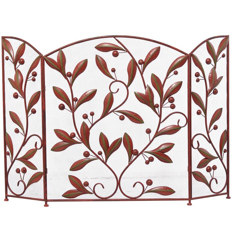 Metal Scroll Foldable Mesh Netting 3 Panel Fireplace Screen with Leaf and Vine Relief - Black or Red - Roche River Decor - Red